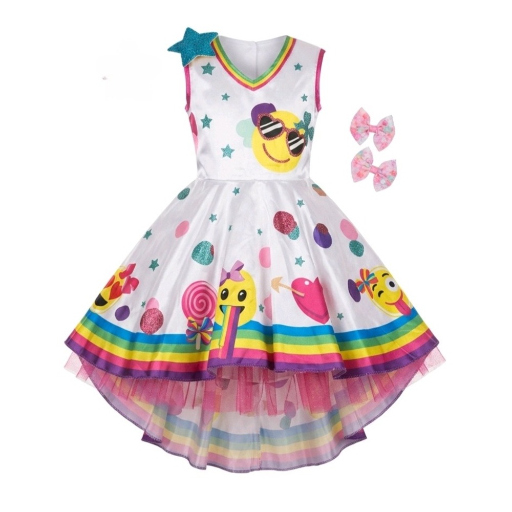 JoJo Siwa Emoji Rainbow Hi-Low Costume Dress with Hair Bows Youth Size M 10
